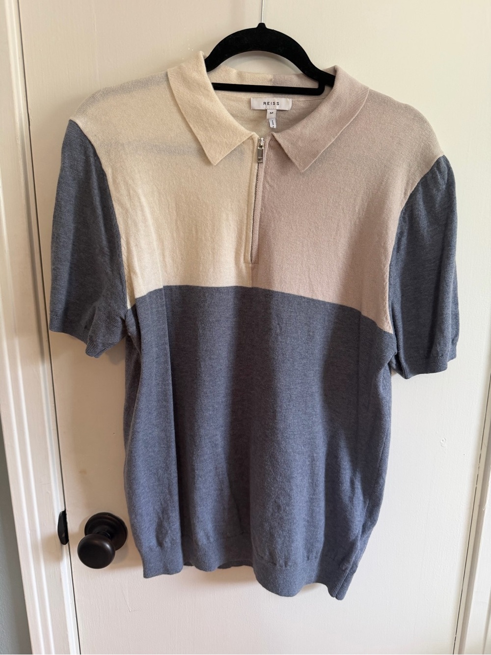 Reiss Men's Short Sleeve Polo Sweater in Beige and Gray